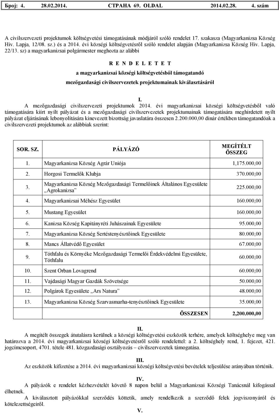 sz) a magyarkanizsai polgármester meghozta az alábbi R E N D E L E T E T a magyarkanizsai községi költségvetésbıl támogatandó mezıgazdasági civilszervezetek projektumainak kiválasztásáról I.