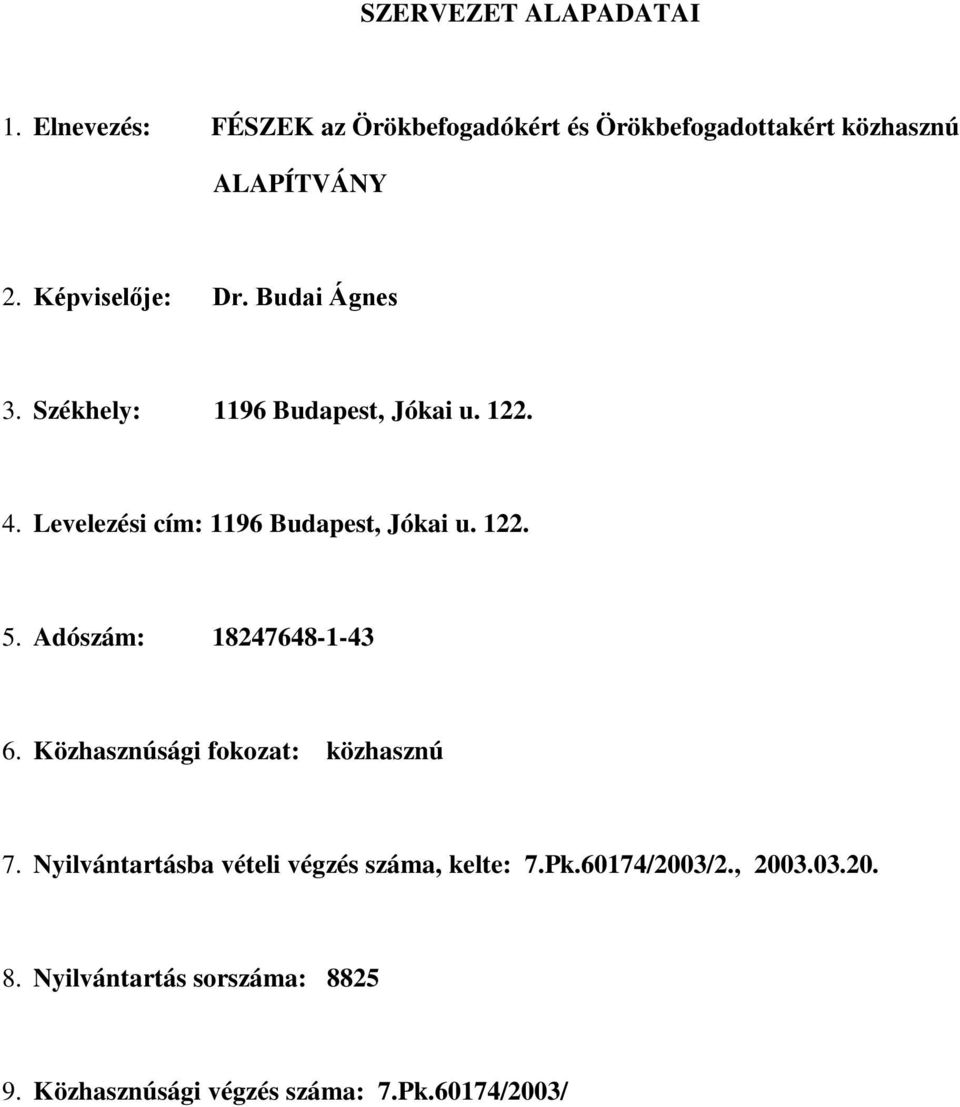 Levelezési cím: 1196 Budapest, Jókai u. 122. 5. Adószám: 18247648-1-43 6. Közhasznúsági fokozat: közhasznú 7.