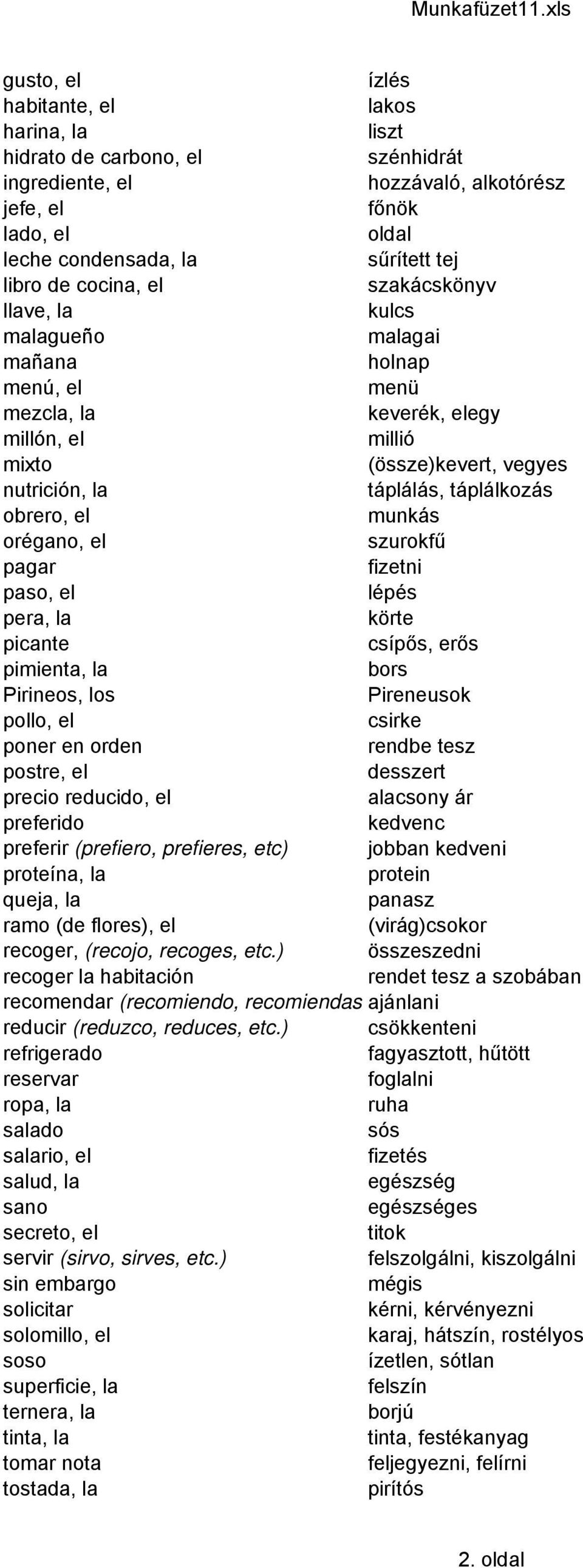 obrero, el munkás orégano, el szurokfű pagar fizetni paso, el lépés pera, la körte picante csípős, erős pimienta, la bors Pirineos, los Pireneusok pollo, el csirke poner en orden rendbe tesz postre,