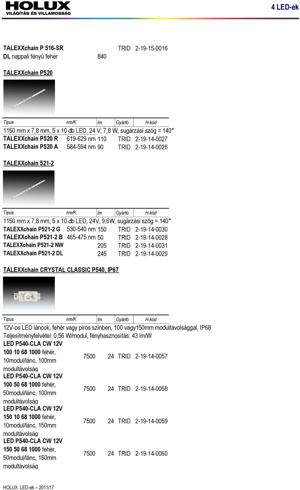 2-19-14-0030 TALEXXchain P521-2 B 465-475 nm 50 TRID 2-19-14-0028 TALEXXchain P521-2 NW 205 TRID 2-19-14-0031 TALEXXchain P521-2 DL 245 TRID 2-19-14-0029 TALEXXchain CRYSTAL CLASSIC P540, IP67 12V-os