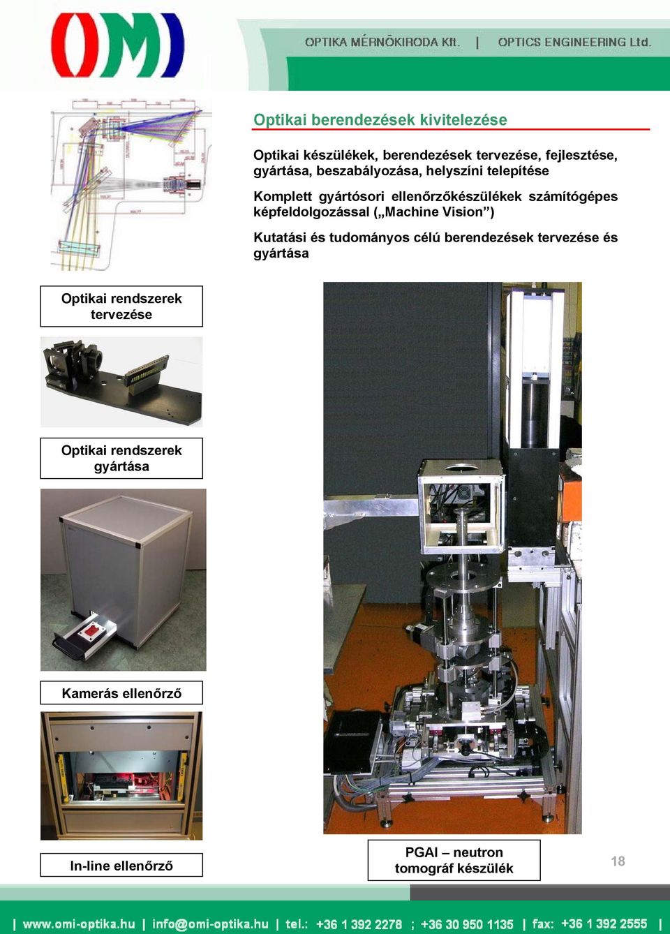 ( Machine Vision ) Kutatási és tudományos célú berendezések tervezése és gyártása Optikai rendszerek
