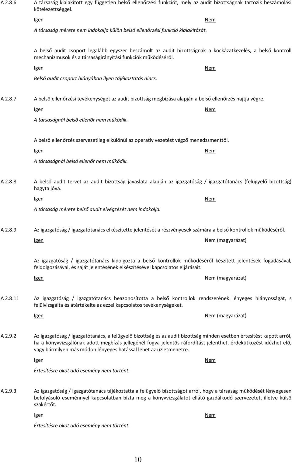 A belső audit csoport legalább egyszer beszámolt az audit bizottságnak a kockázatkezelés, a belső kontroll mechanizmusok és a társaságirányítási funkciók működéséről.