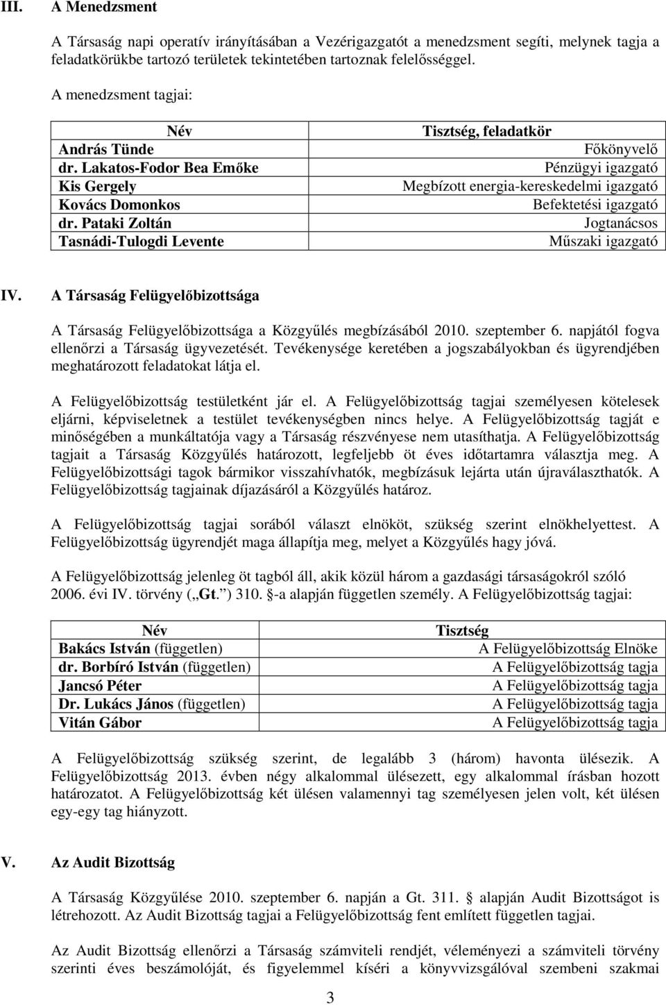 Pataki Zoltán Tasnádi-Tulogdi Levente Tisztség, feladatkör Főkönyvelő Pénzügyi igazgató Megbízott energia-kereskedelmi igazgató Befektetési igazgató Jogtanácsos Műszaki igazgató IV.