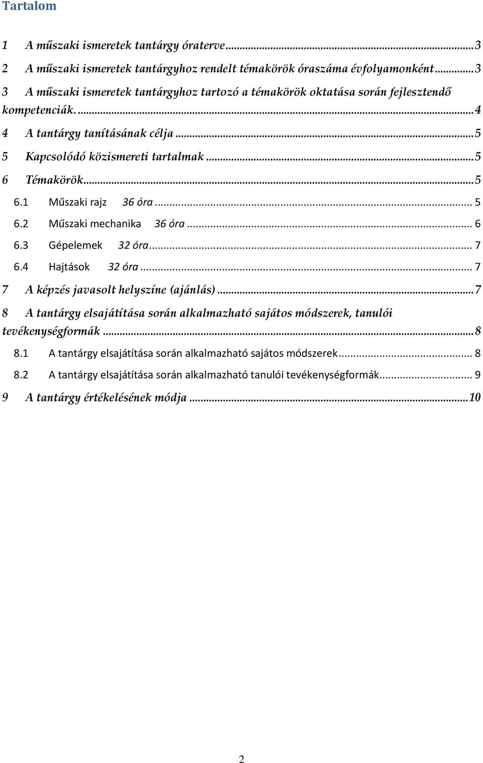 .. 5 6.1 Műszaki rajz 36 óra... 5 6.2 Műszaki mechanika 36 óra... 6 6.3 Gépelemek 32 óra... 7 6.4 Hajtások 32 óra... 7 7 A képzés javasolt helyszíne (ajánlás).