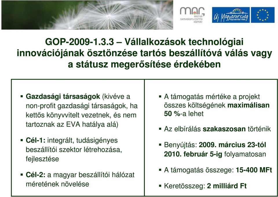 non-profit gazdasági társaságok, ha kettős könyvvitelt vezetnek, és nem tartoznak az EVA hatálya alá) Cél-1: integrált, tudásigényes beszállítói szektor