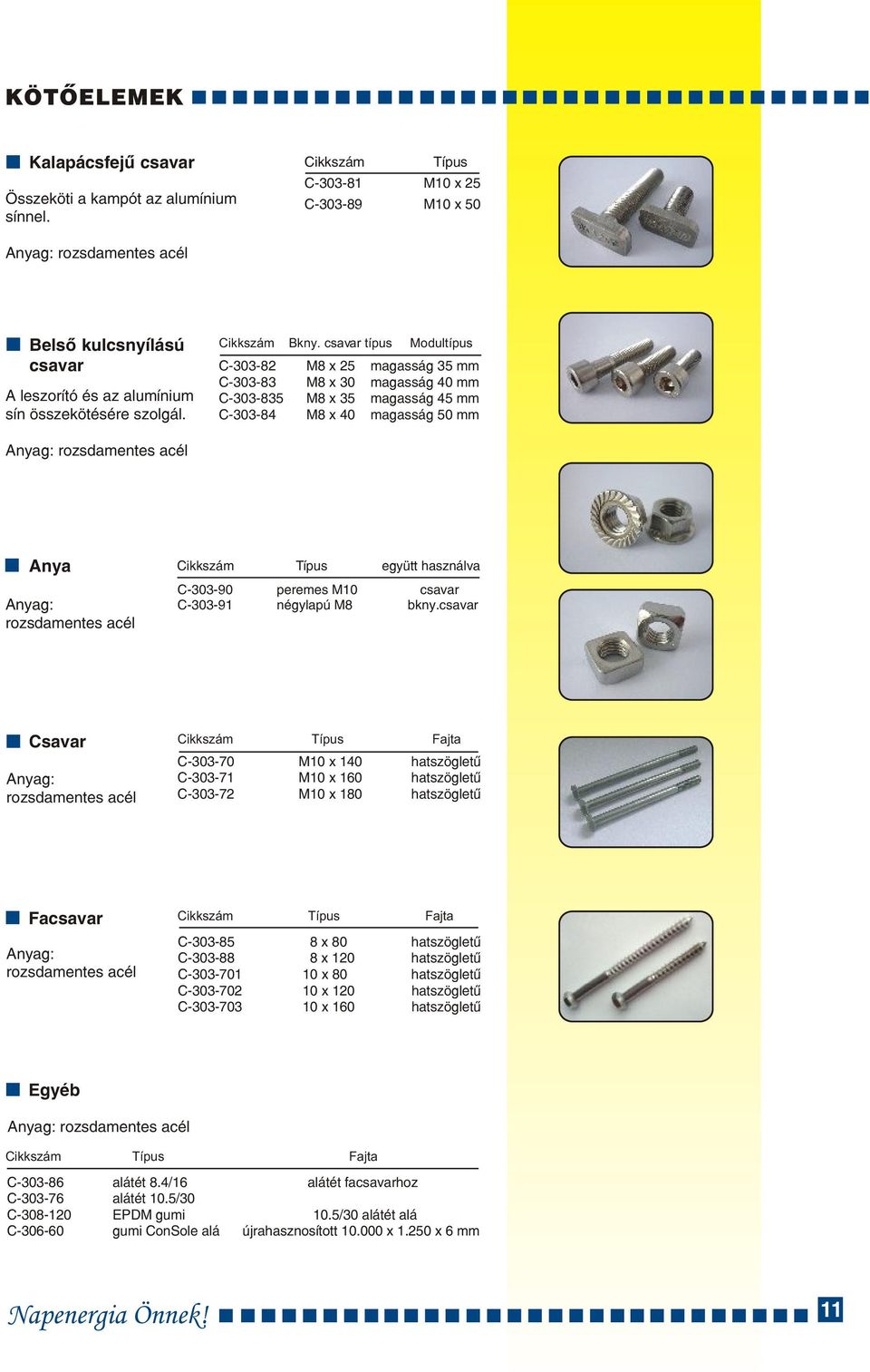 csavar típus Mdultípus C-303-8 M8 x 5 magasság 35 mm C-303-83 M8 x 30 magasság 40 mm C-303-835 M8 x 35 magasság 45 mm C-303-84 M8 x 40 magasság 50 mm Anyag: rzsdamentes acél Anya Anyag: rzsdamentes