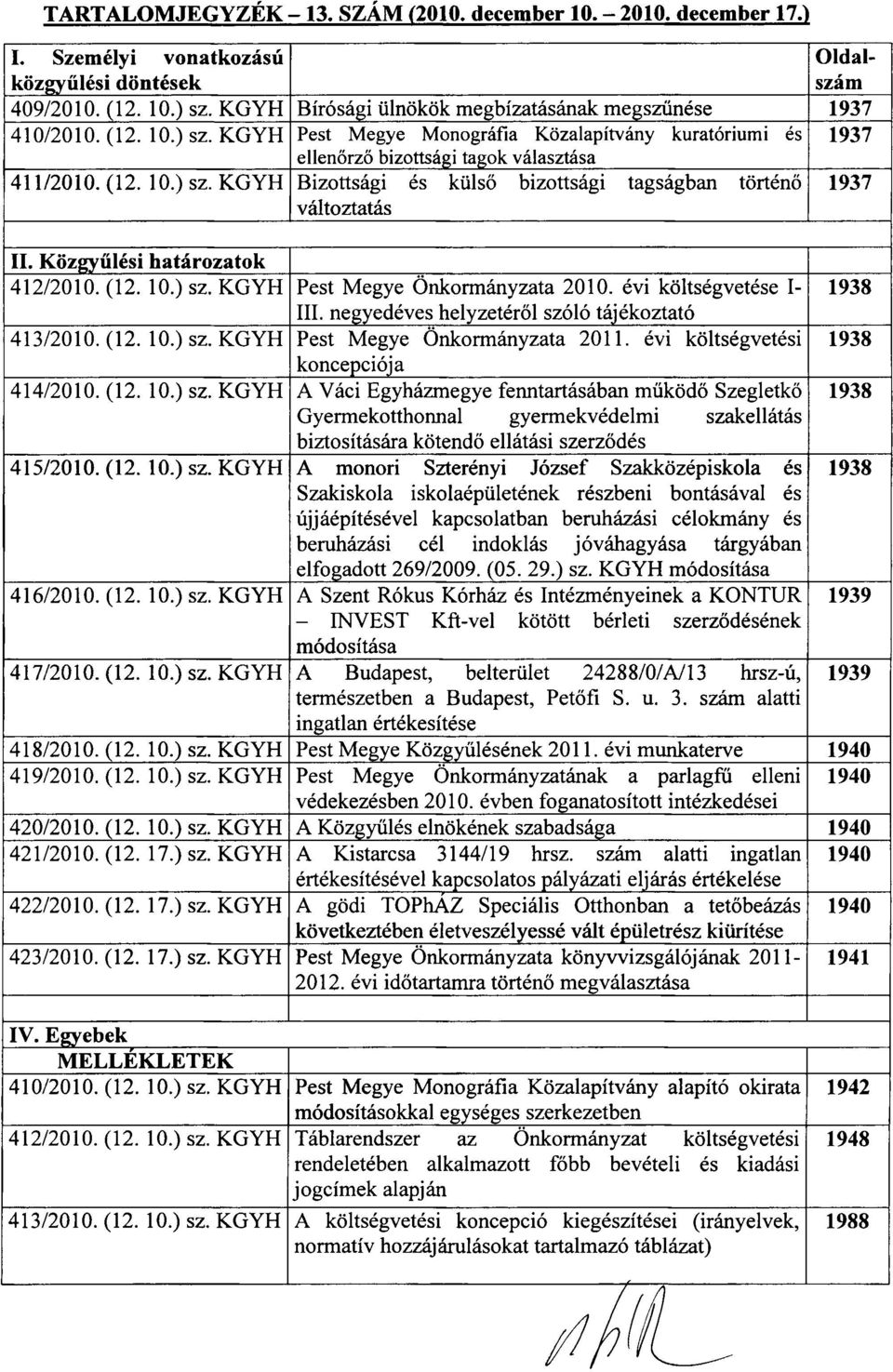 Közgyűlési határozatok 412/2010. (12. 10.) sz. KGYH Pest Megye Önkormányzata 2010. évi költségvetése I- III. negyedéves helyzetéről szóló tájékoztató 413/2010.(12. 10.) sz. KGYH Pest Megye Önkormányzata 2011.