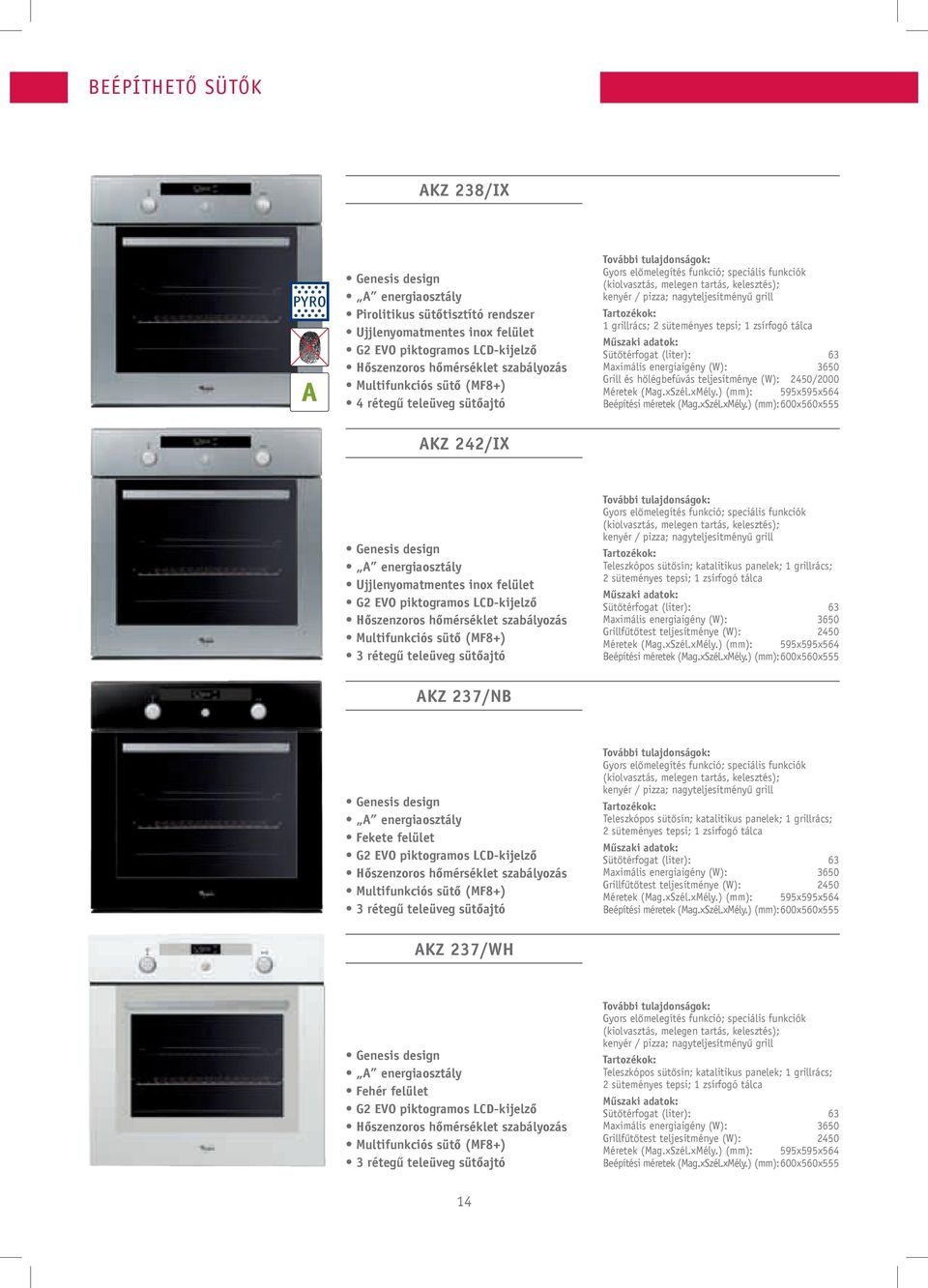 grill Tartozékok: 1 grillrács; 2 süteményes tepsi; 1 zsírfogó tálca Sütőtérfogat (liter): 63 Maximális energiaigény (W): 3650 Grill és hőlégbefúvás teljesítménye (W): 2450/2000 Méretek (Mag.xSzél.