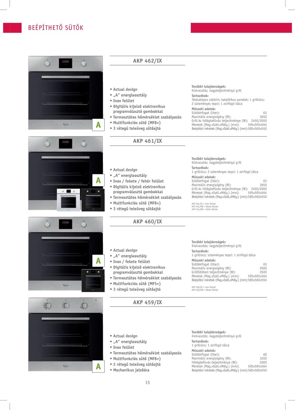 Sütőtérfogat (liter): 63 Maximális energiaigény (W): 3650 Grill és hőlégbefúvás teljesítménye (W): 2450/2000 Méretek (Mag.xSzél.xMély.