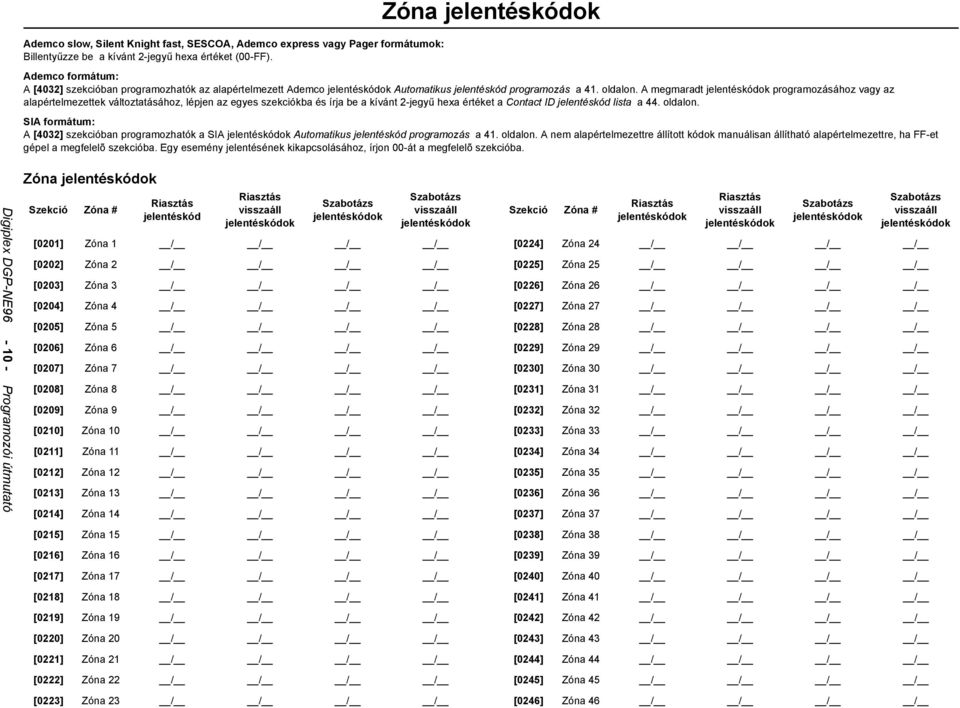 A megmaradt jelentéskódok programozásához vagy az alapértelmezettek változtatásához, lépjen az egyes szekciókba és írja be a kívánt 2-jegyű hexa értéket a Contact ID jelentéskód lista a 44. oldalon.