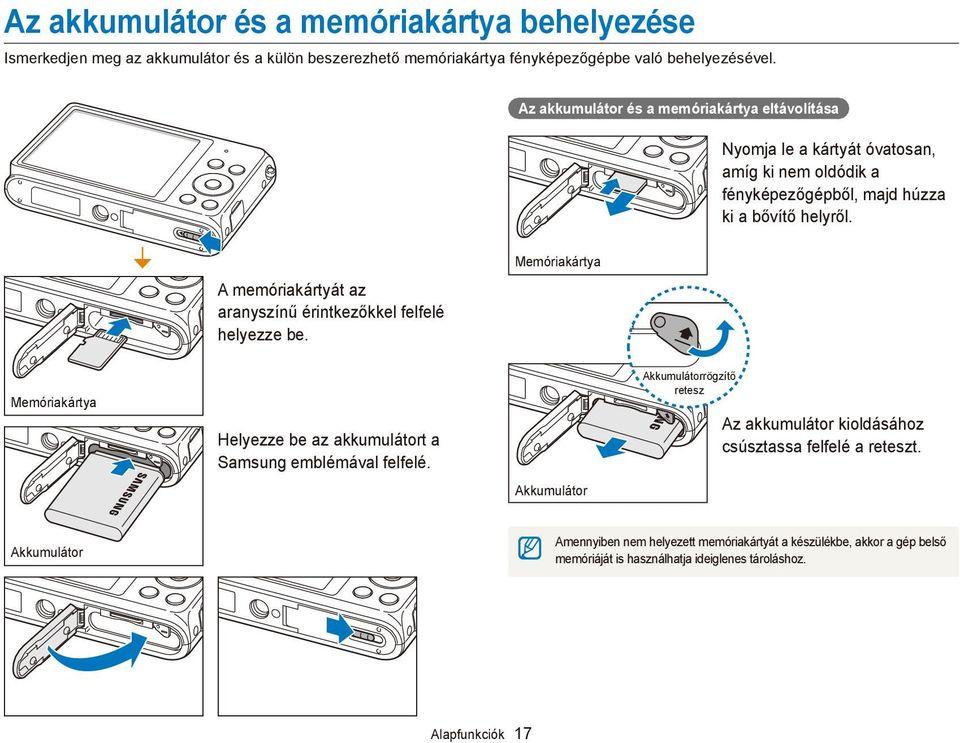 A memóriakártyát az aranyszínű érintkezőkkel felfelé helyezze be. Memóriakártya Memóriakártya Helyezze be az akkumulátort a Samsung emblémával felfelé.