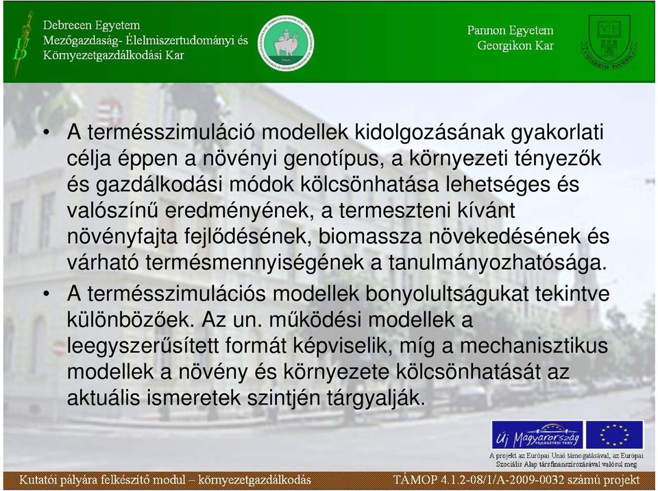 termésmennyiségének a tanulmányozhatósága. A termésszimulációs modellek bonyolultságukat tekintve különbözıek. Az un.