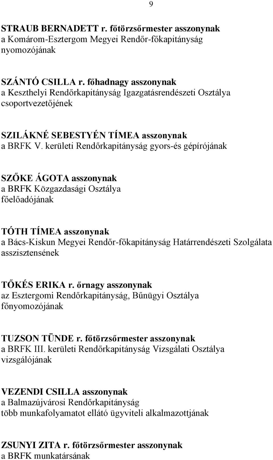 kerületi Rendőrkapitányság gyors-és gépírójának SZŐKE ÁGOTA asszonynak a BRFK Közgazdasági Osztálya fő TÓTH TÍMEA asszonynak a Bács-Kiskun Megyei Rendőr-főkapitányság Határrendészeti Szolgálata