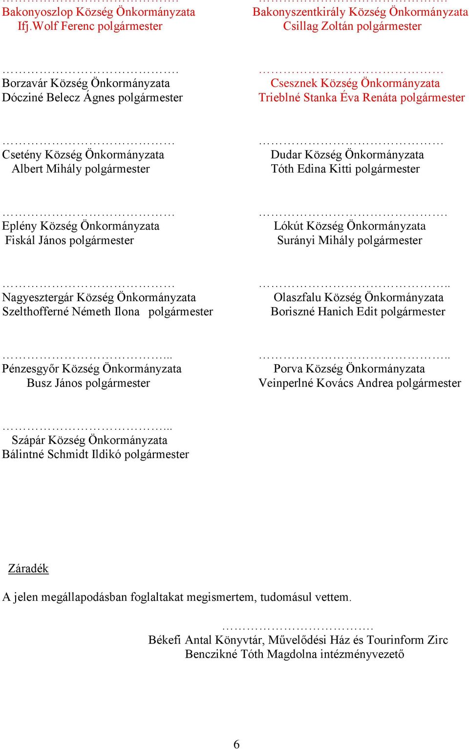 Község Önkormányzata Tóth Edina Kitti polgármester Eplény Község Önkormányzata Fiskál János polgármester.