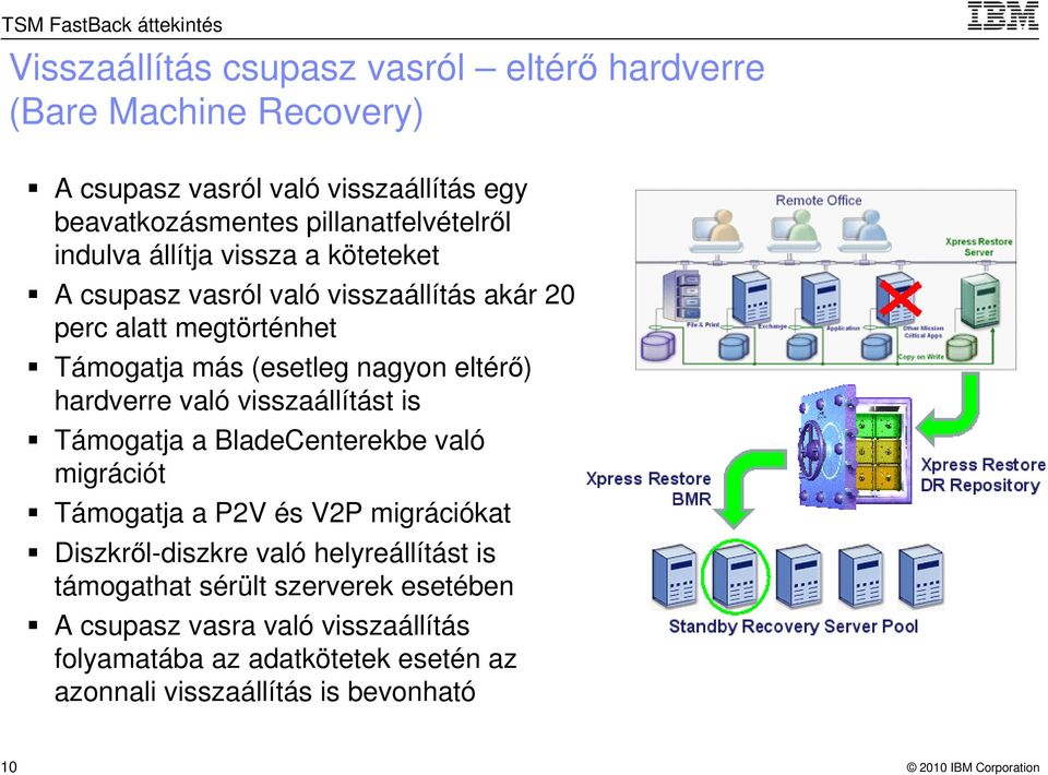 eltérő) hardverre való visszaállítást is Támogatja a BladeCenterekbe való migrációt Támogatja a P2V és V2P migrációkat Diszkről-diszkre való