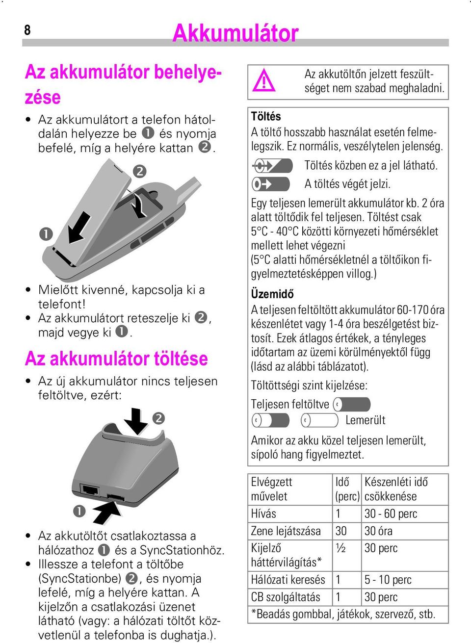 Illessze a telefont a töltőbe (SyncStationbe)o, és nyomja lefelé, míg a helyére kattan. A kijelzőn a csatlakozási üzenet látható (vagy: a hálózati töltőt közvetlenül a telefonba is dughatja.). Az akkutöltőn jelzett feszültséget nem szabad meghaladni.