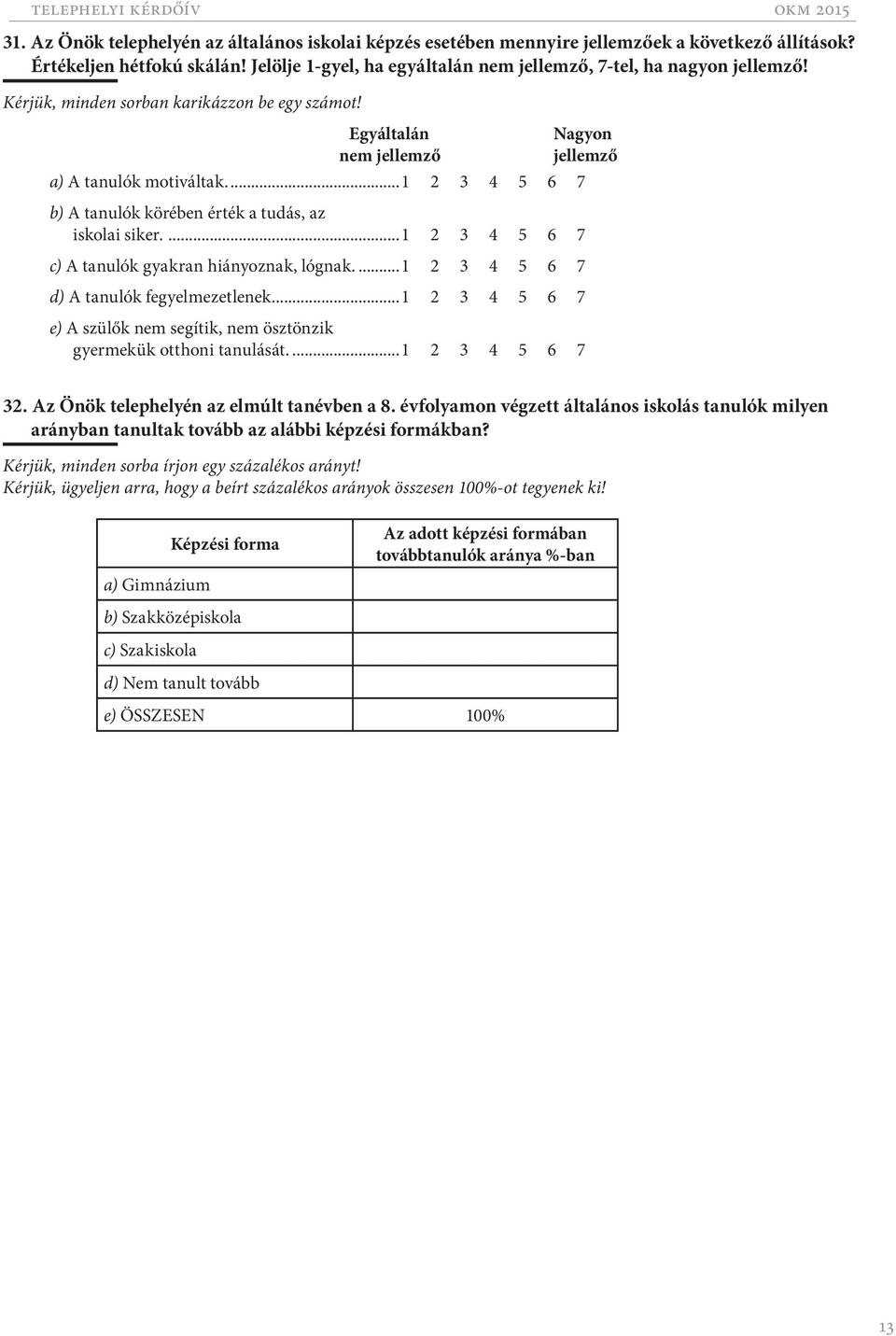 ..1 2 3 4 5 6 7 b) A tanulók körében érték a tudás, az iskolai siker....1 2 3 4 5 6 7 c) A tanulók gyakran hiányoznak, lógnak...1 2 3 4 5 6 7 d) A tanulók fegyelmezetlenek.