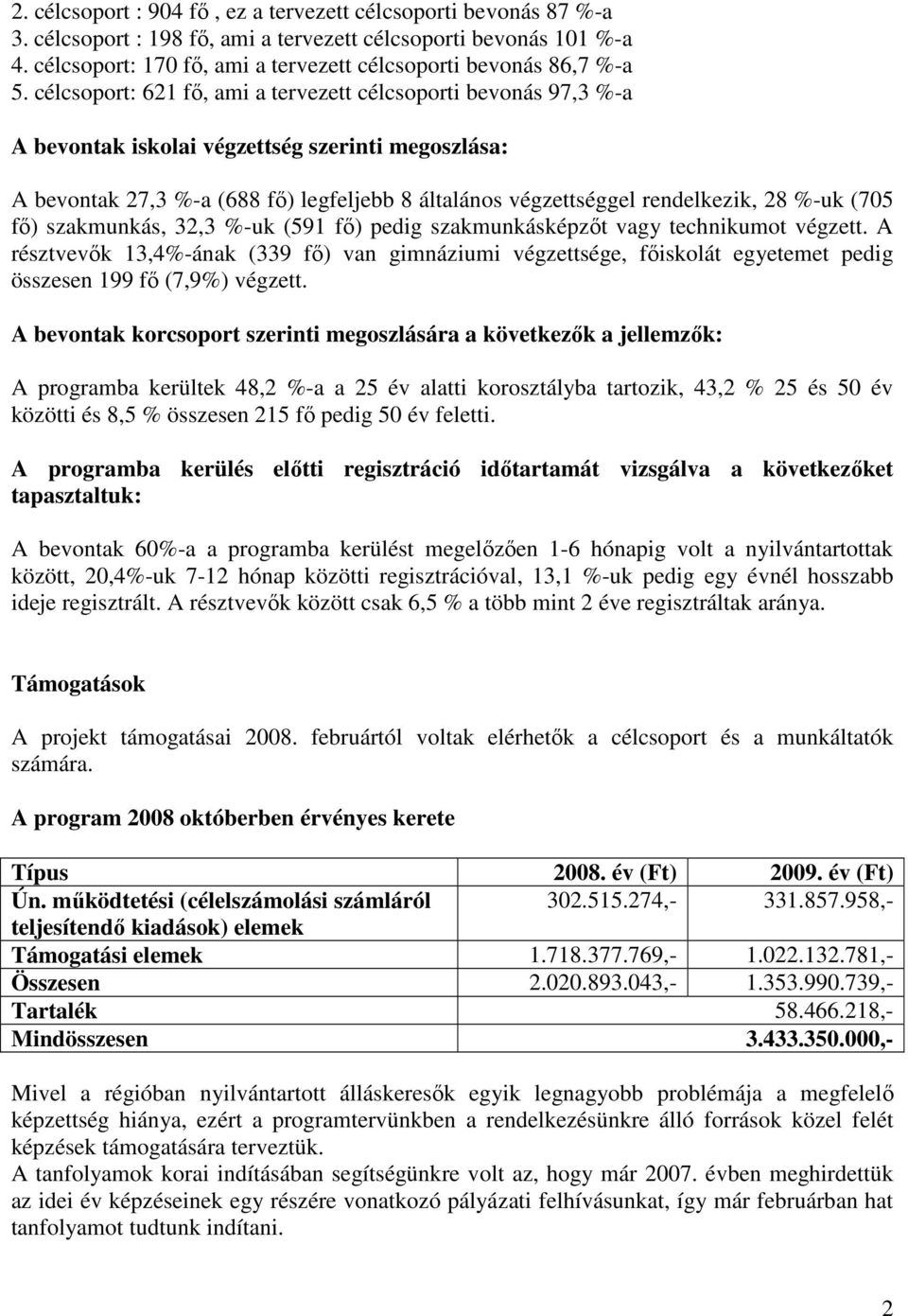 célcsoport: 621 fı, ami a tervezett célcsoporti bevonás 97,3 %-a A bevontak iskolai végzettség szerinti megoszlása: A bevontak 27,3 %-a (688 fı) legfeljebb 8 általános végzettséggel rendelkezik, 28