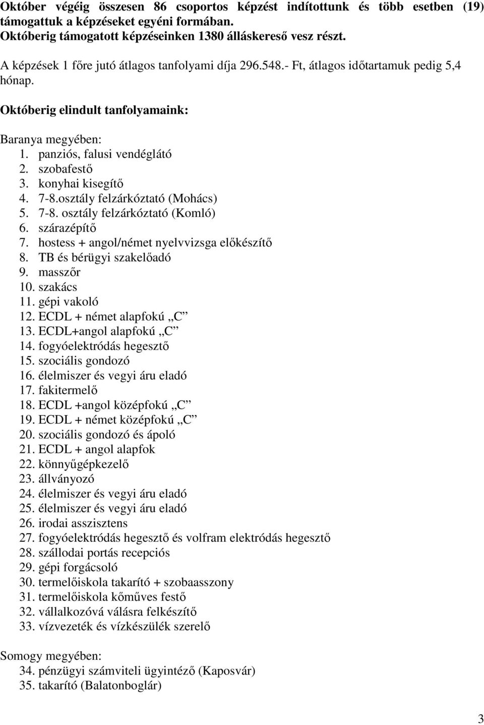 konyhai kisegítı 4. 7-8.osztály felzárkóztató (Mohács) 5. 7-8. osztály felzárkóztató (Komló) 6. szárazépítı 7. hostess + angol/német nyelvvizsga elıkészítı 8. TB és bérügyi szakelıadó 9. masszır 10.