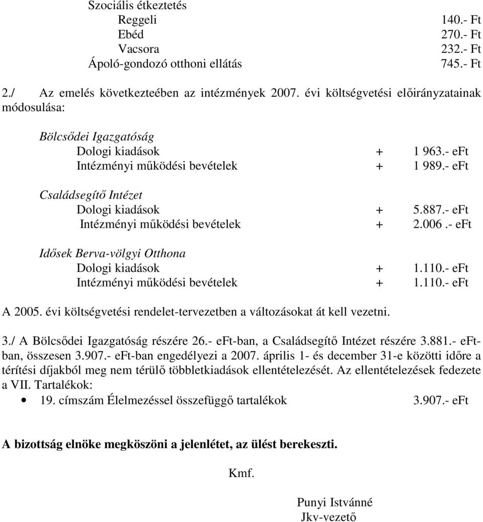 - eft Intézményi működési bevételek + 2.006.- eft Idősek Berva-völgyi Otthona Dologi kiadások + 1.110.- eft Intézményi működési bevételek + 1.110.- eft A 2005.