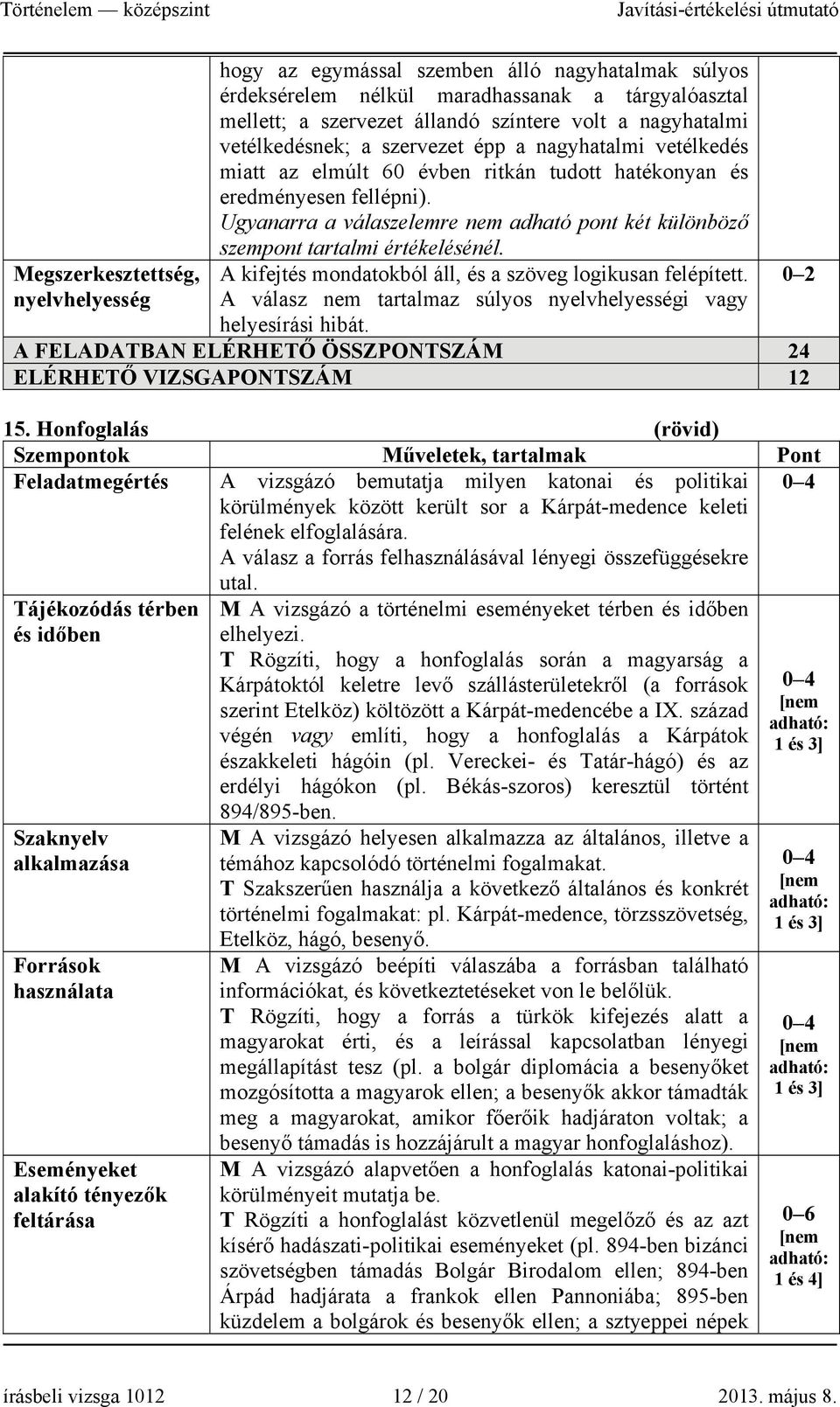 Ugyanarra a válaszelemre nem adható pont két különböző szempont tartalmi értékelésénél. A kifejtés mondatokból áll, és a szöveg logikusan felépített.