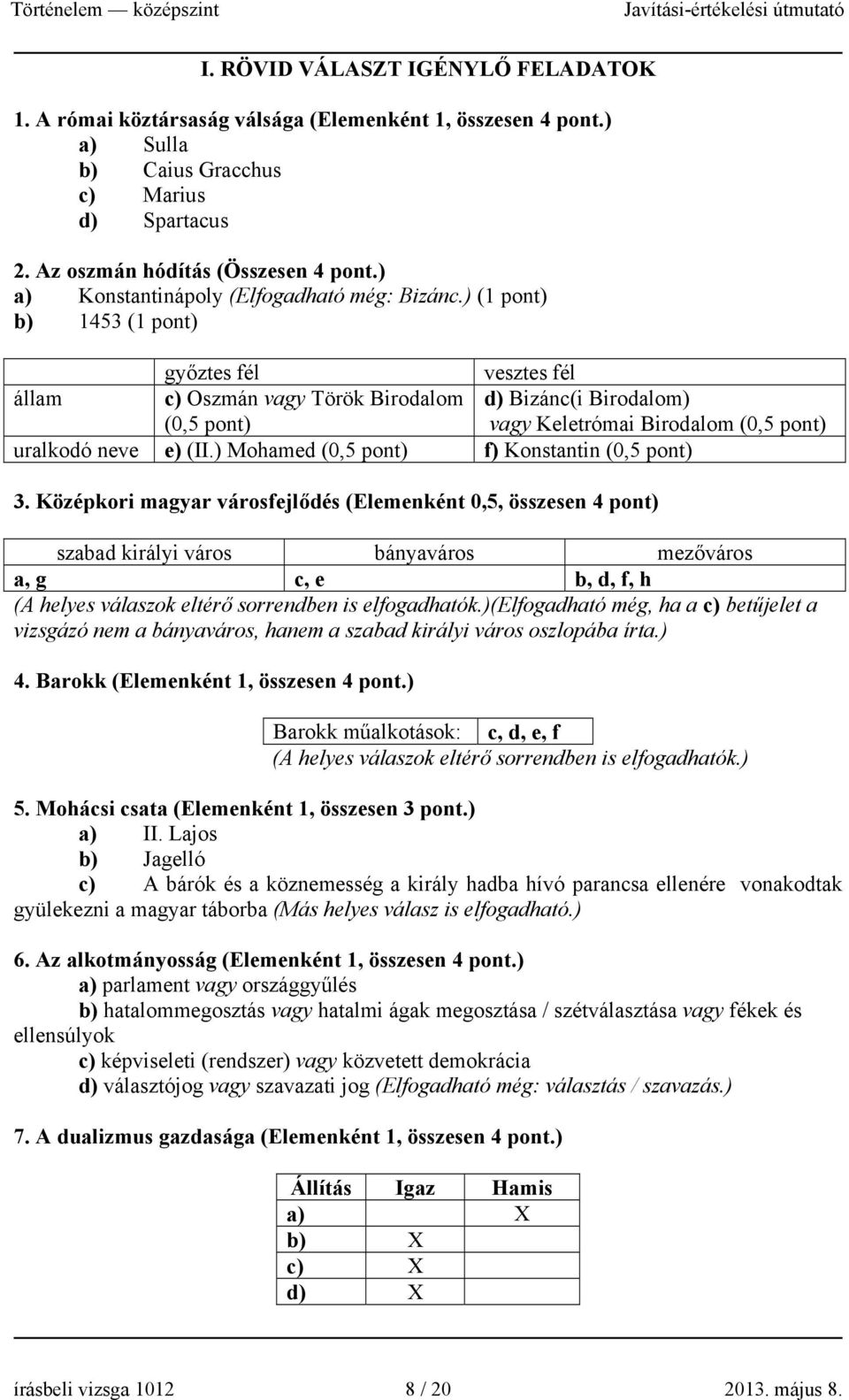 ) (1 pont) b) 1453 (1 pont) győztes fél vesztes fél állam c) Oszmán vagy Török Birodalom (0,5 pont) d) Bizánc(i Birodalom) vagy Keletrómai Birodalom (0,5 pont) uralkodó neve e) (II.