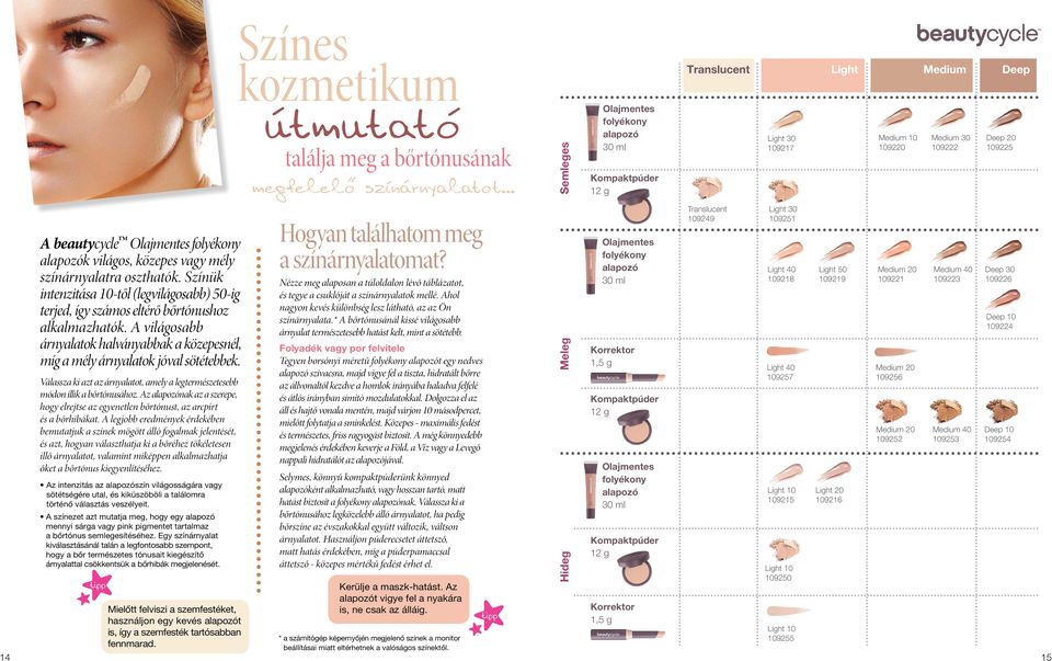 mély színárnyalatra oszthatók. Színük intenzitása 10-től (legvilágosabb) 50-ig terjed, így számos eltérő bőrtónushoz alkalmazhatók.