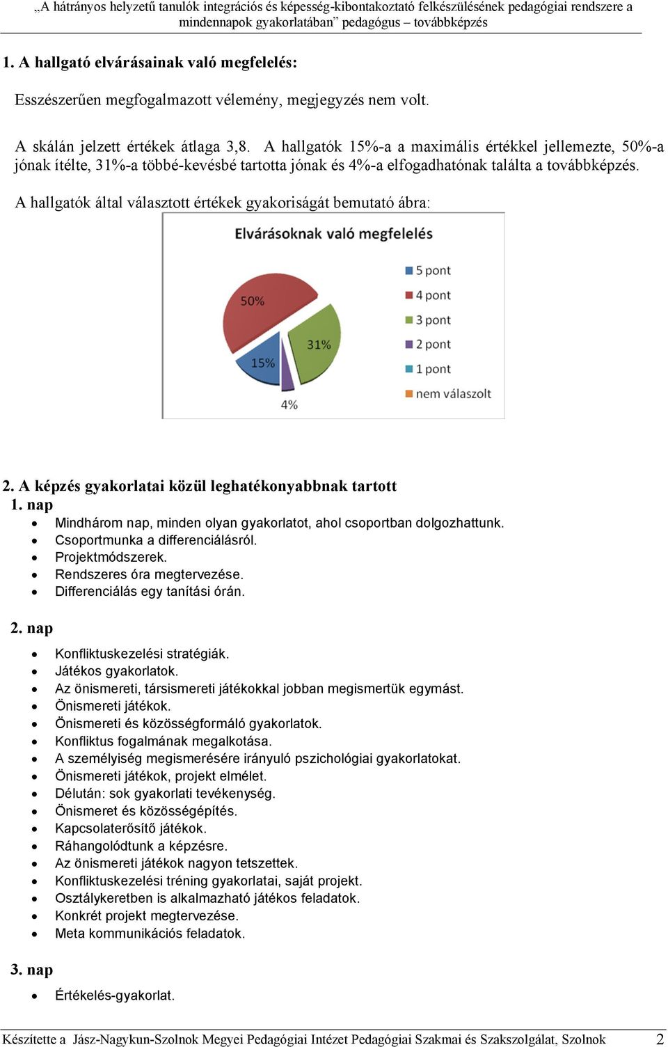 A képzés gyakorlatai közül leghatékonyabbnak tartott 1. nap Mindhárom nap, minden olyan gyakorlatot, ahol csoportban dolgozhattunk. Csoportmunka a differenciálásról. Projektmódszerek.