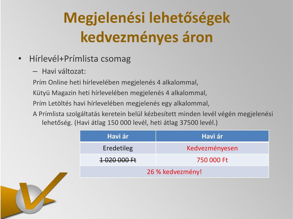 megjelenés egy alkalommal, A Prímlista szolgáltatás keretein belül kézbesített minden levél végén megjelenési lehetőség.