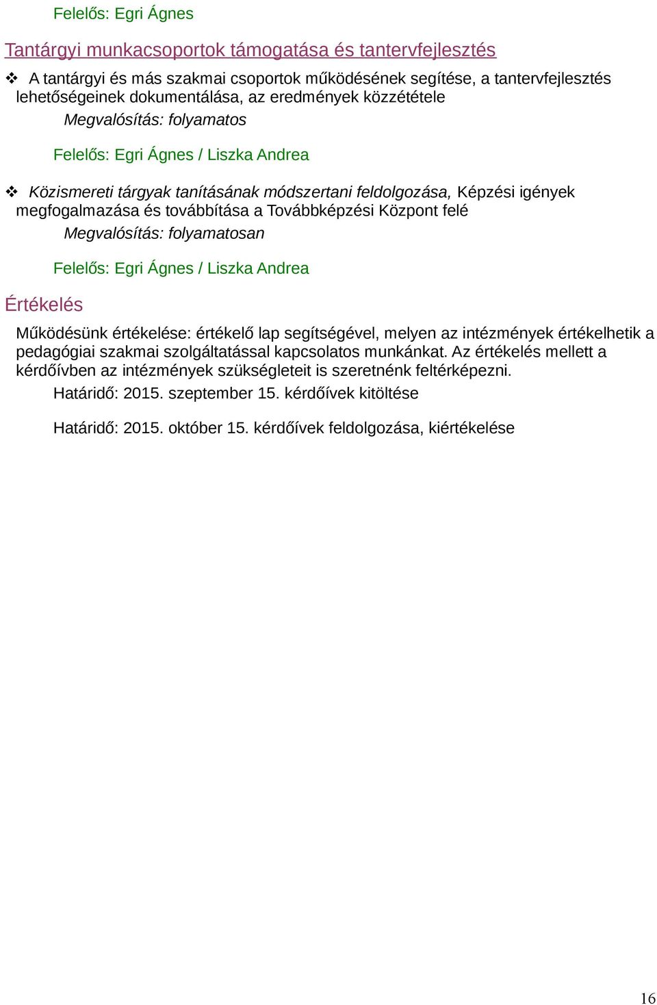Központ felé Megvalósítás: folyamatosan Értékelés Felelős: Egri Ágnes / Liszka Andrea Működésünk értékelése: értékelő lap segítségével, melyen az intézmények értékelhetik a pedagógiai szakmai