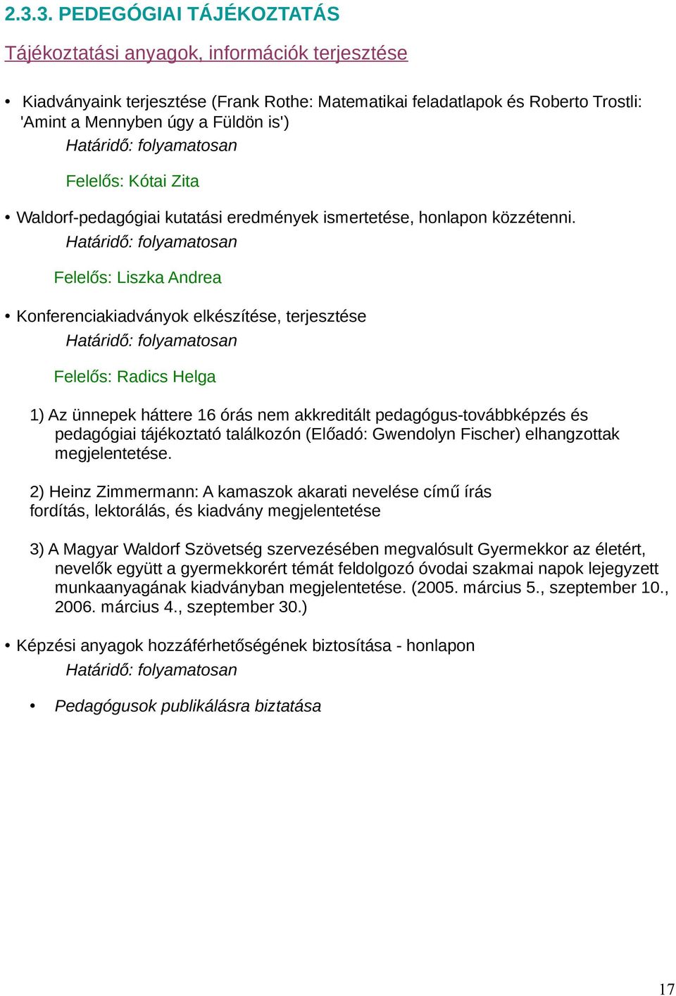 Határidő: folyamatosan Felelős: Liszka Andrea Konferenciakiadványok elkészítése, terjesztése Határidő: folyamatosan Felelős: Radics Helga 1) Az ünnepek háttere 16 órás nem akkreditált