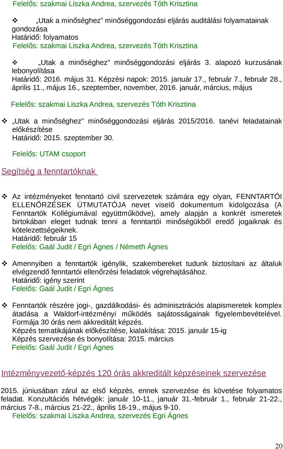 , szeptember, november, 2016. január, március, május Felelős: szakmai Liszka Andrea, szervezés Tóth Krisztina Utak a minőséghez minőséggondozási eljárás 2015/2016.