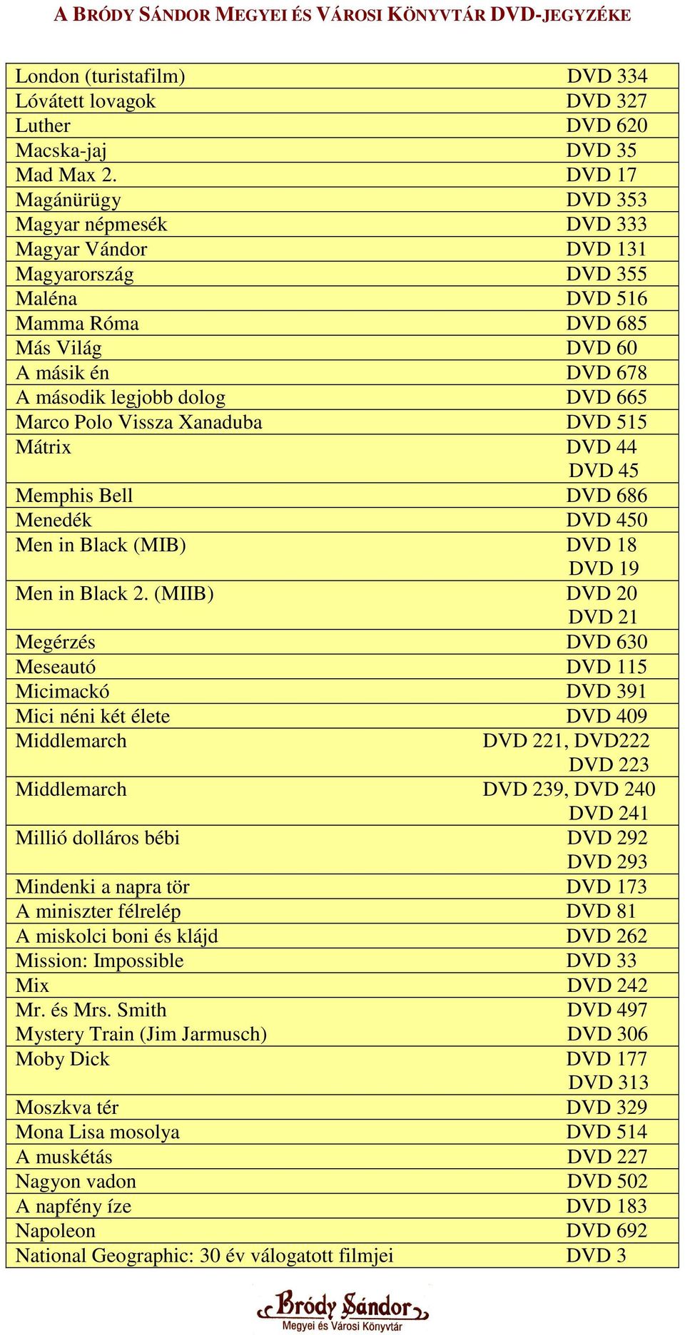 Marco Polo Vissza Xanaduba DVD 515 Mátrix DVD 44 DVD 45 Memphis Bell DVD 686 Menedék DVD 450 Men in Black (MIB) DVD 18 DVD 19 Men in Black 2.