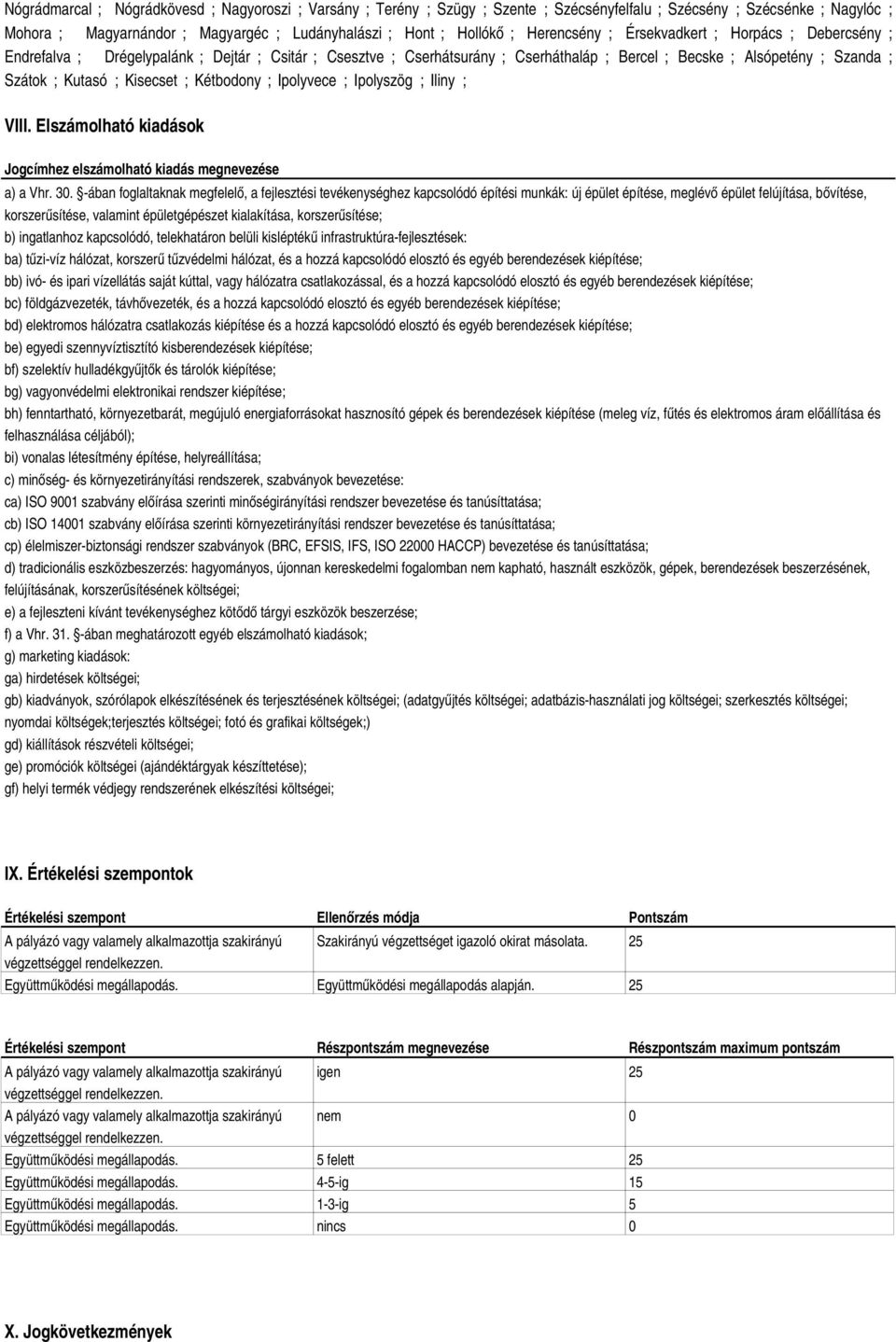 Kisecset ; Kétbodony ; Ipolyvece ; Ipolyszög ; Iliny ; VIII. Elszámolható kiadások Jogcímhez elszámolható kiadás megnevezése a) a Vhr. 30.