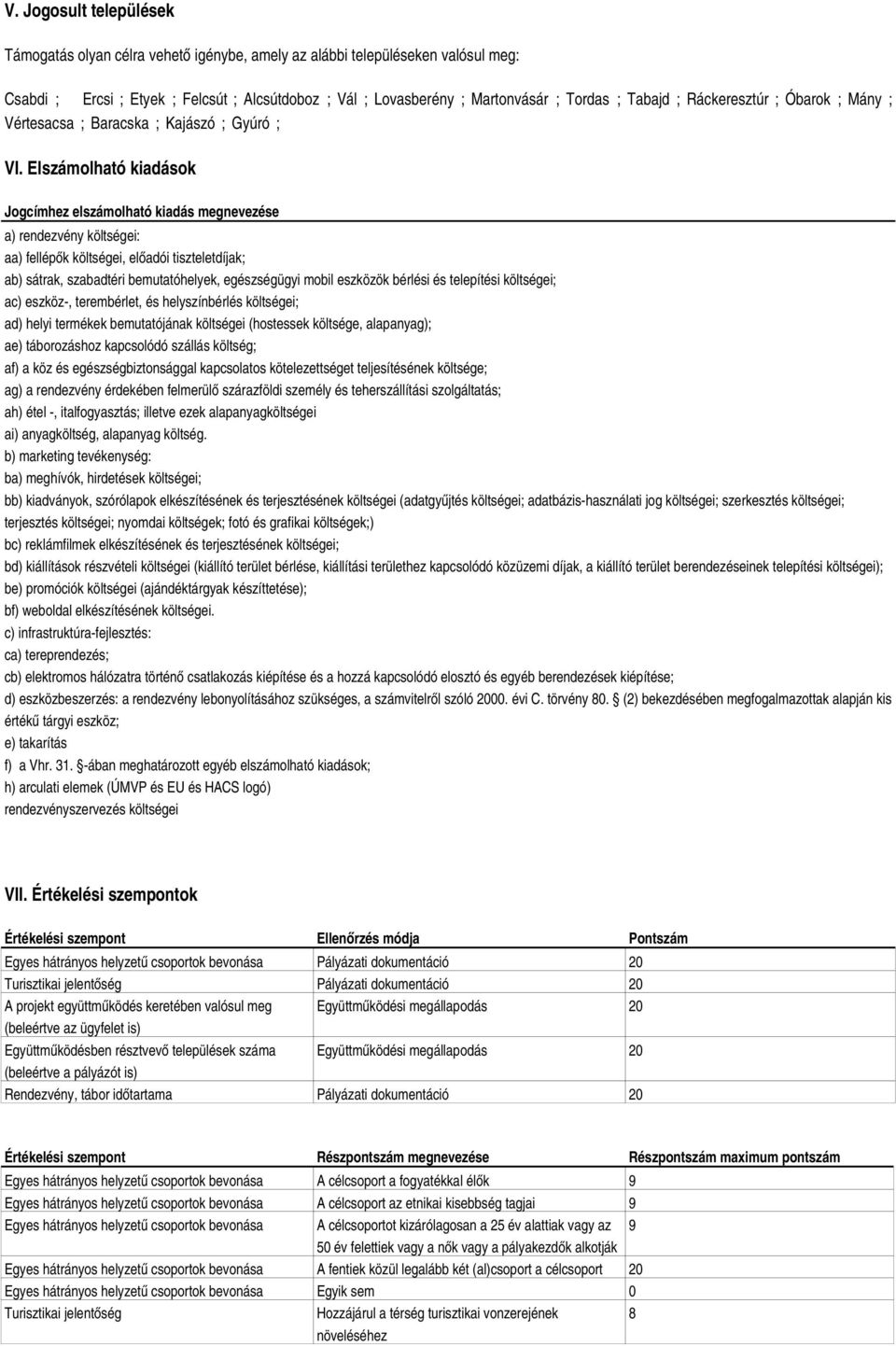 Elszámolható kiadások Jogcímhez elszámolható kiadás megnevezése a) rendezvény költségei: aa) fellépők költségei, előadói tiszteletdíjak; ab) sátrak, szabadtéri bemutatóhelyek, egészségügyi mobil