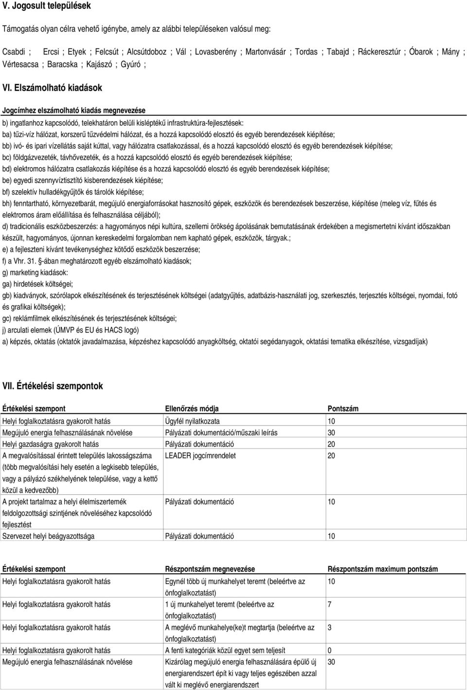 Elszámolható kiadások Jogcímhez elszámolható kiadás megnevezése b) ingatlanhoz kapcsolódó, telekhatáron belüli kisléptékű infrastruktúra-fejlesztések: ba) tűzi-víz hálózat, korszerű tűzvédelmi
