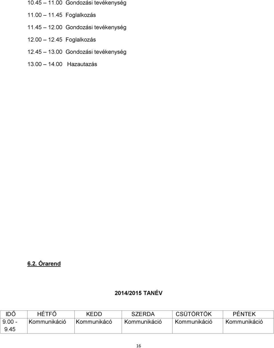 00 Gondozási tevékenység 13.00 14.00 Hazautazás 6.2.