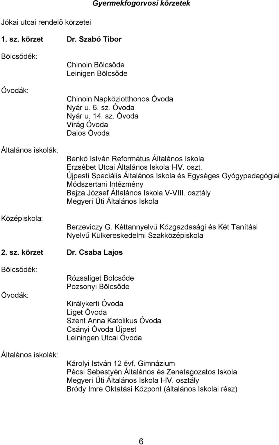 Óvoda Nyár u. 14. sz. Óvoda Virág Óvoda Dalos Óvoda Benkő István Református Általános Iskola Erzsébet Utcai Általános Iskola I-IV. oszt.