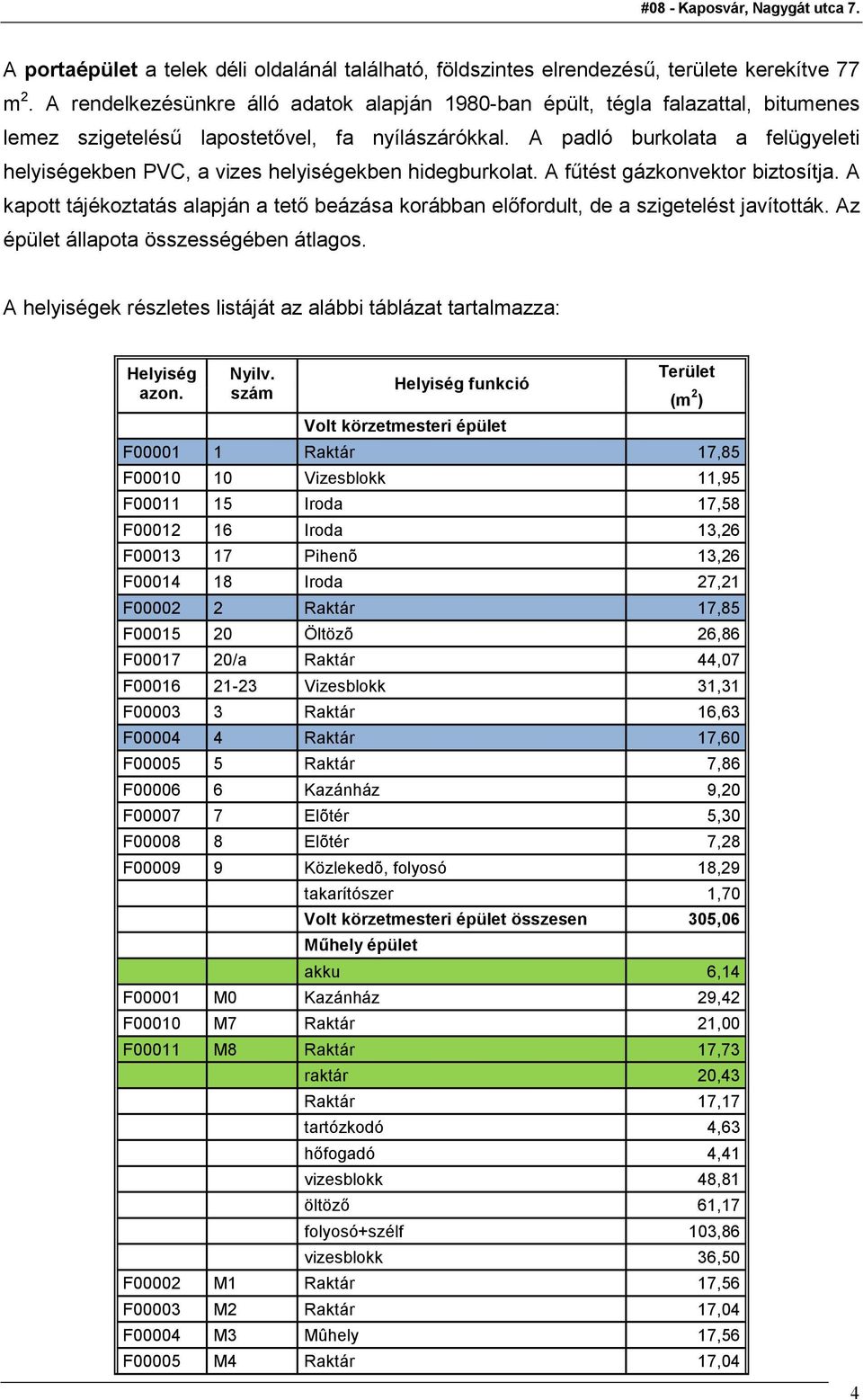 A padló burkolata a felügyeleti helyiségekben PVC, a vizes helyiségekben hidegburkolat. A főtést gázkonvektor biztosítja.