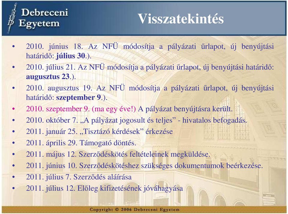 ). 21. szeptember 9. (ma egy éve!) A pályázat benyújtásra került. 21. október 7. A pályázat jogosult és teljes - hivatalos befogadás. 211. január 25.