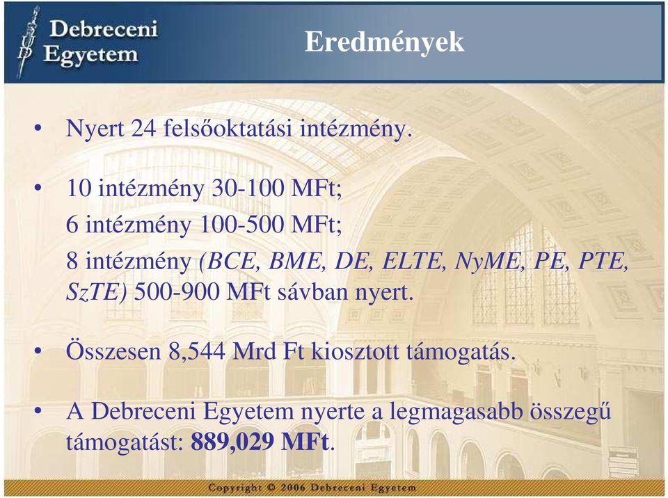 ELTE, NyME, PE, PTE, SzTE) 5-9 MFt sávban nyert.