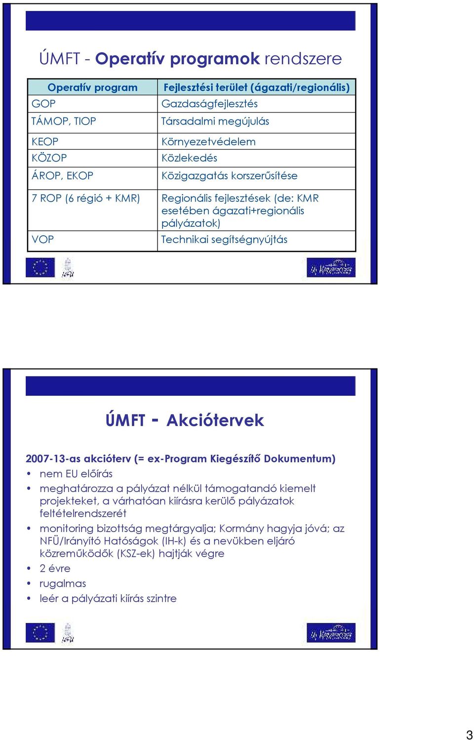 2007-13-as akcióterv (= ex-program Kiegészítı Dokumentum) nem EU elıírás meghatározza a pályázat nélkül támogatandó kiemelt projekteket, a várhatóan kiírásra kerülı pályázatok