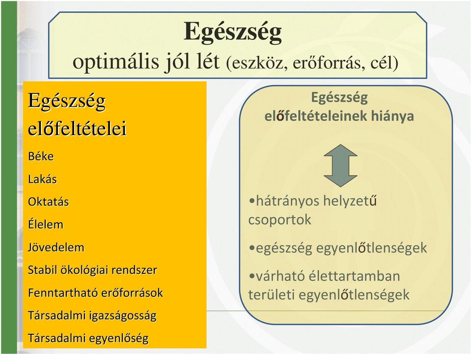 Társadalmi igazságoss gosság Társadalmi egyenlőség Egészség előfeltételeinek hiánya