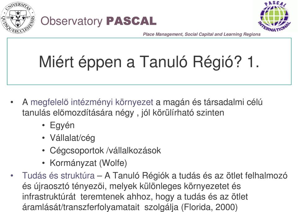 Egyén Vállalat/cég Cégcsoportok /vállalkozások Kormányzat (Wolfe) Tudás és struktúra A Tanuló Régiók a tudás
