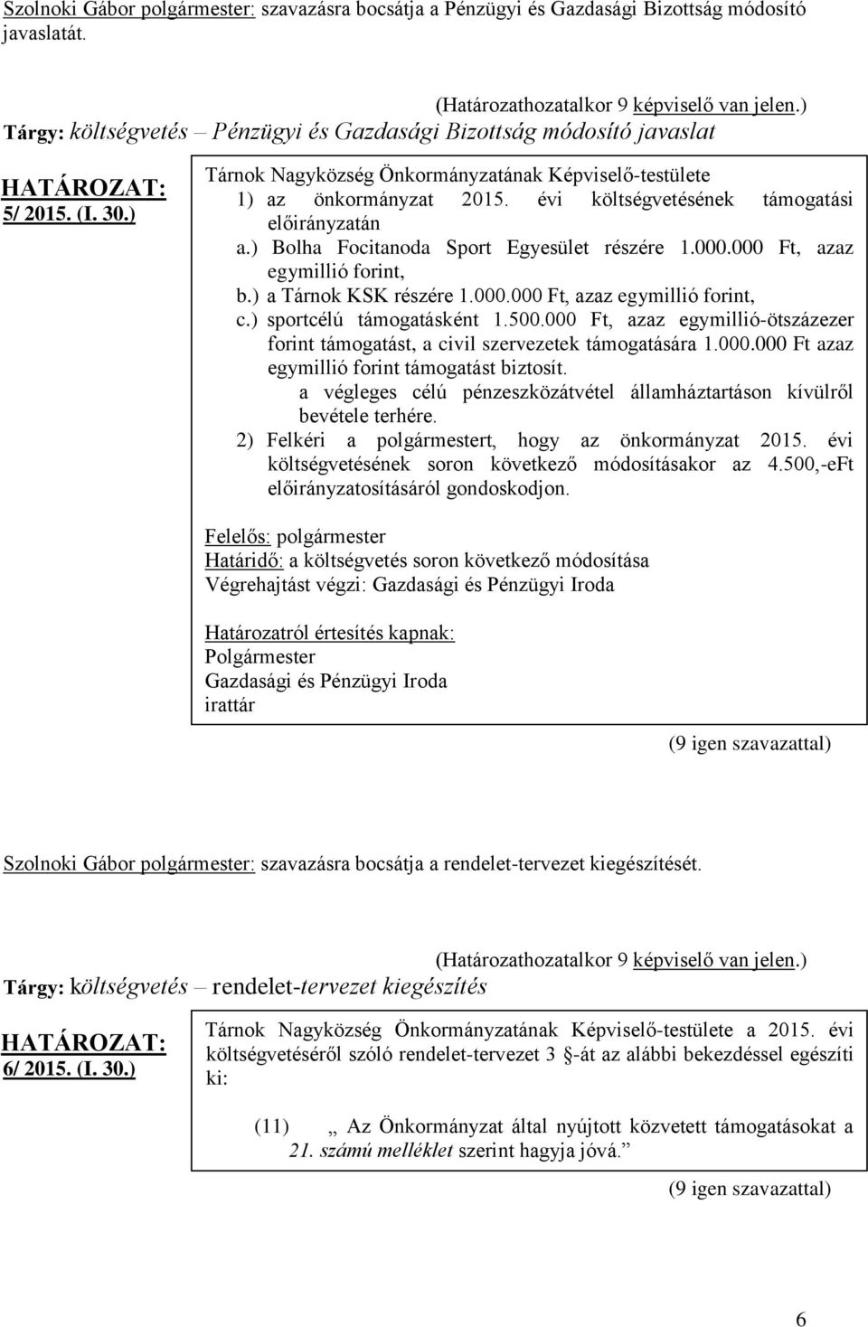 000 Ft, azaz egymillió forint, b.) a Tárnok KSK részére 1.000.000 Ft, azaz egymillió forint, c.) sportcélú támogatásként 1.500.