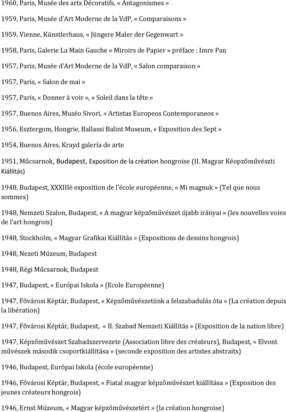 1957, Buenos Aires, Muséo Sivori, «Artistas Europeos Contemporaneos» 1956, Esztergom, Hongrie, Ballassi Balint Museum, «Exposition des Sept» 1954, Buenos Aires, Krayd galería de arte 1951, Műcsarnok,