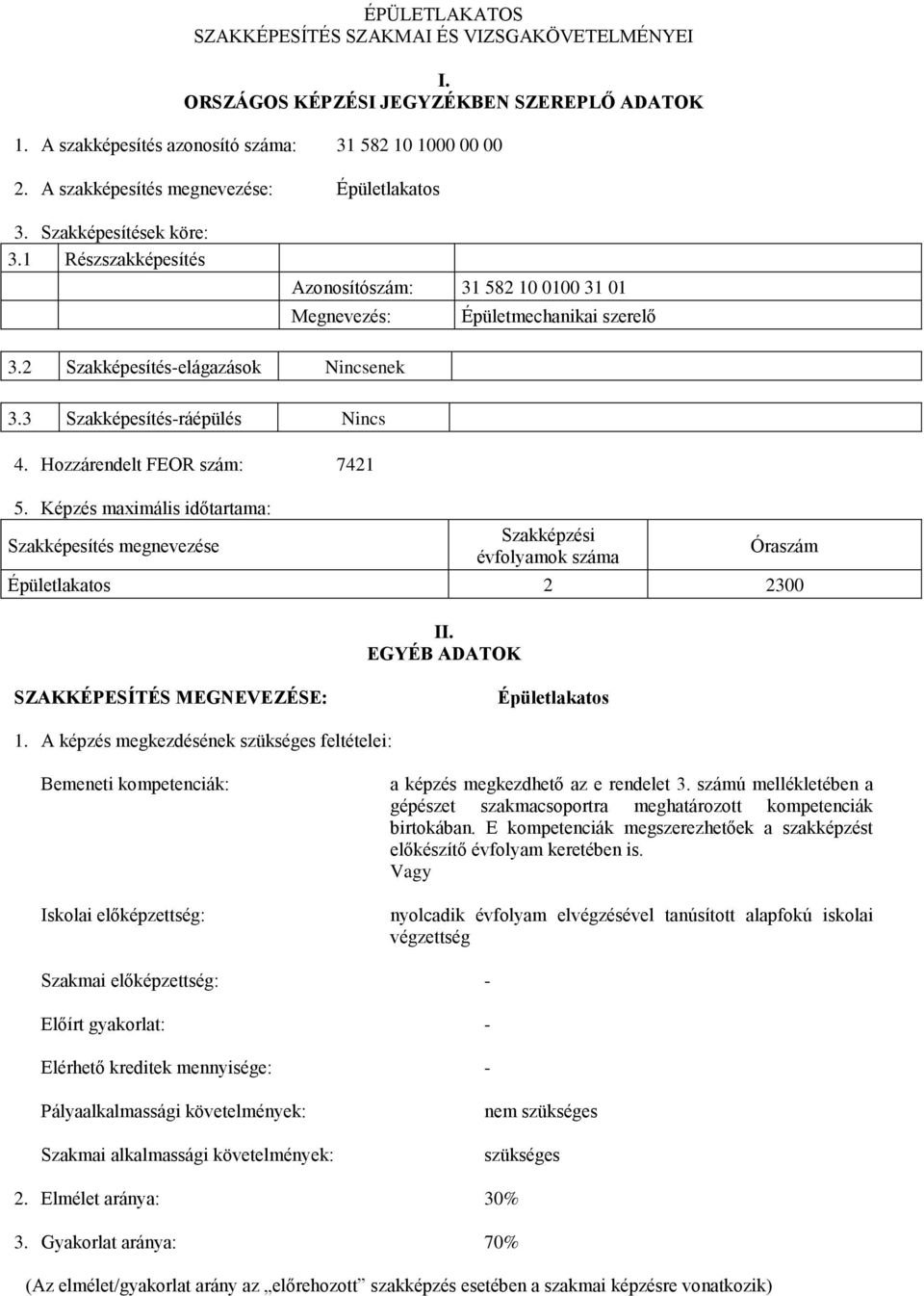 2 Szakképesítés-elágazások Nincsenek 3.3 Szakképesítés-ráépülés Nincs 4. Hozzárendelt FEOR szám: 7421 5.