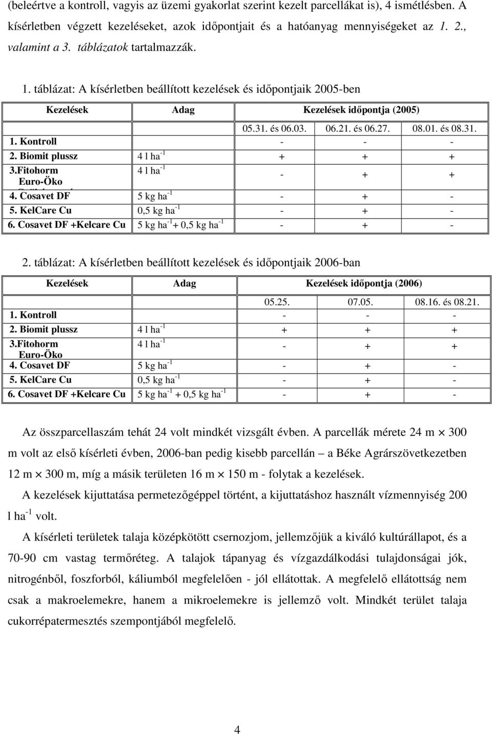 Biomit plussz 4 l ha -1 + + + 3.Fitohorm Euro-Öko 4 l ha -1 - + + 4. Gyökérgumós Cosavet DF 5 kg ha -1 - + - 5. KelCare Cu 0,5 kg ha -1 - + - 6.