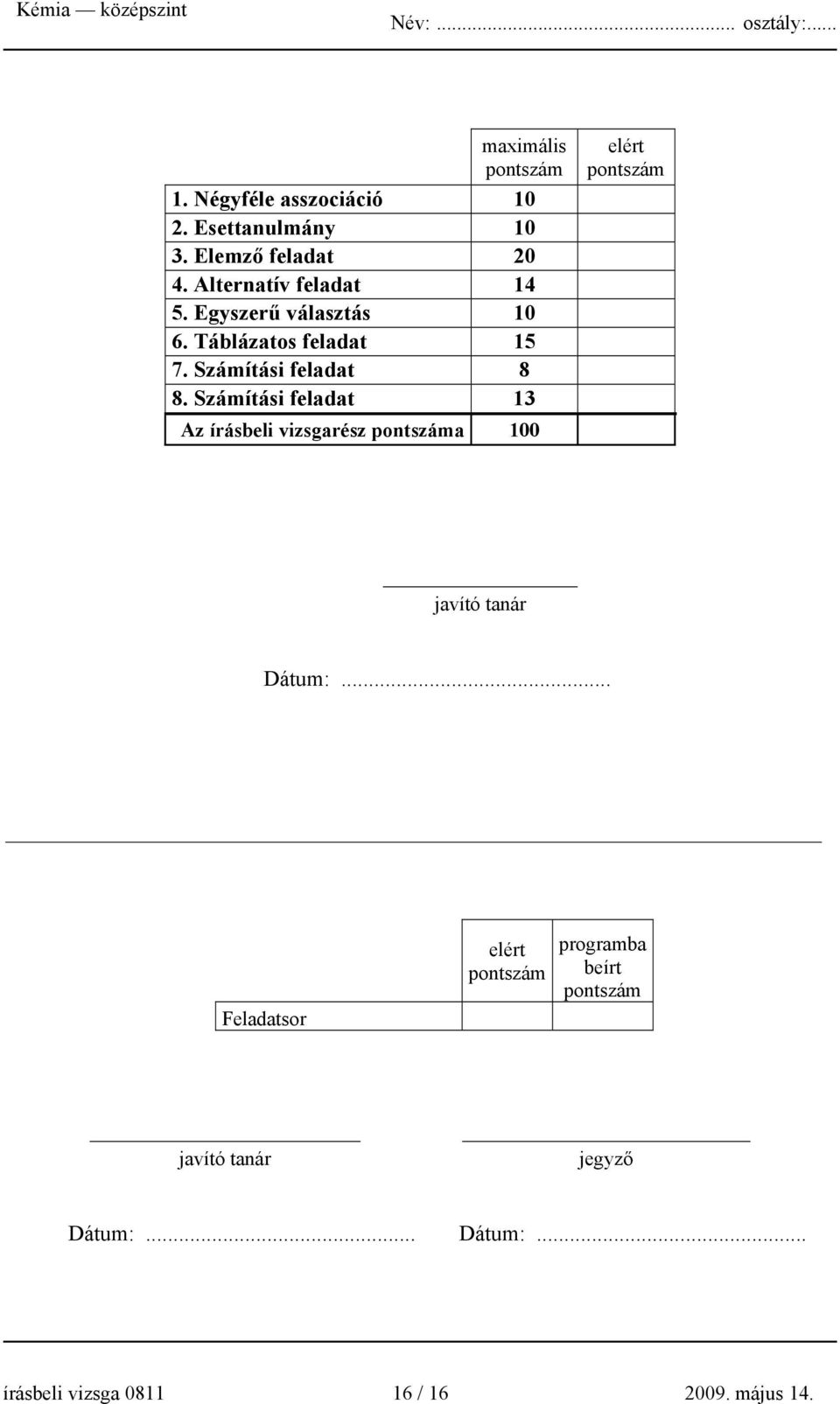 Számítási feladat 13 Az írásbeli vizsgarész pontszáma 100 elért pontszám javító tanár Dátum:.