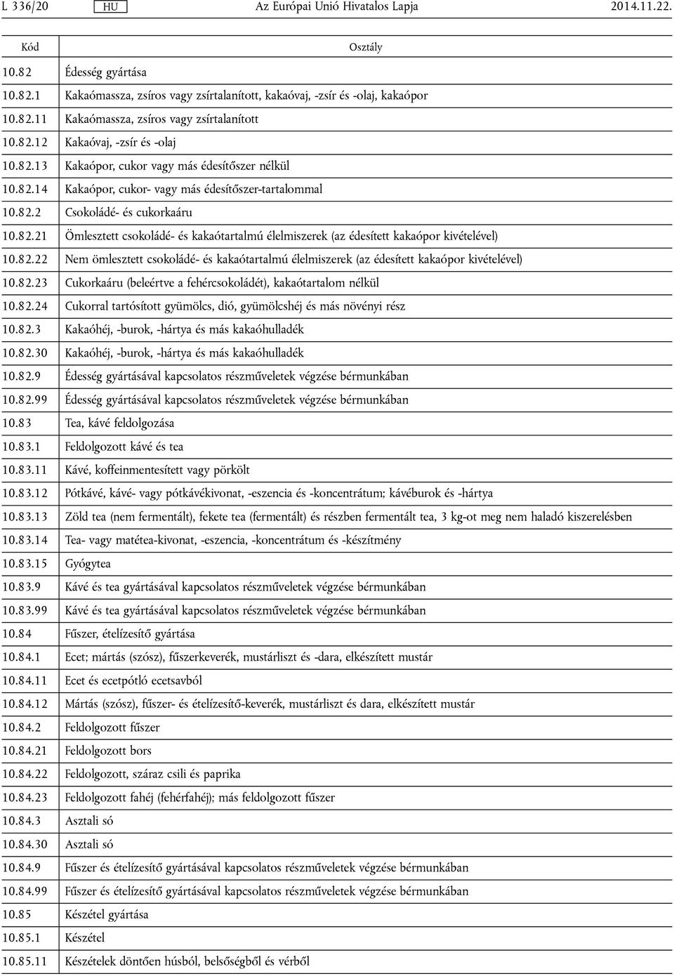 82.22 Nem ömlesztett csokoládé- és kakaótartalmú élelmiszerek (az édesített kakaópor kivételével) 10.82.23 Cukorkaáru (beleértve a fehércsokoládét), kakaótartalom nélkül 10.82.24 Cukorral tartósított gyümölcs, dió, gyümölcshéj és más növényi rész 10.